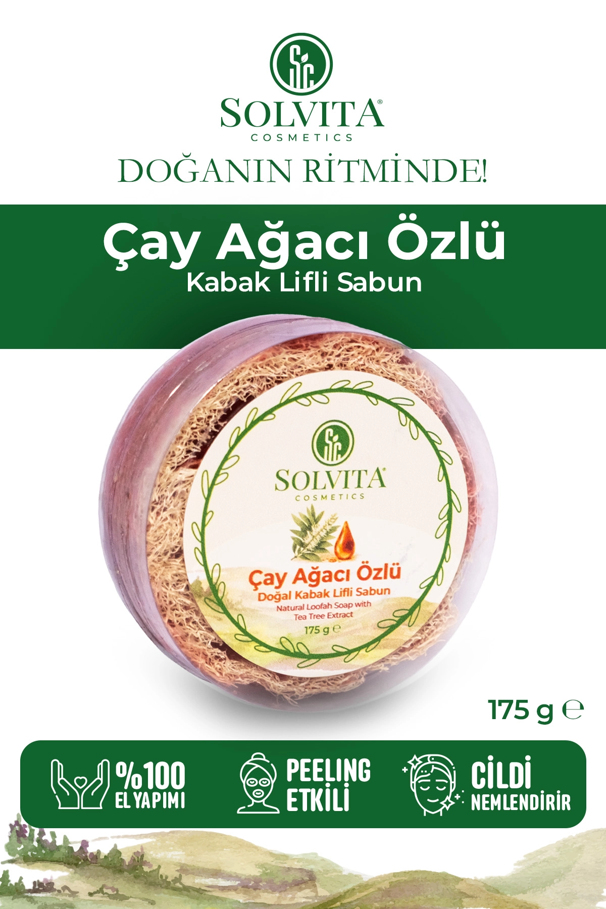 El Yapımı Yuvarlak Kabak Lifli Çay Ağacı Özlü Sabun